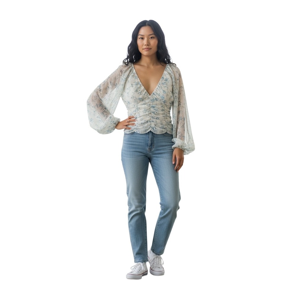 Free People Ruched Floral ballon Sleeve V‎ Neck Cropped Blouse Top M